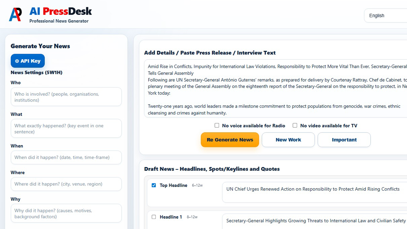 AI PressDesk main workspace with 5W1H input fields and draft output